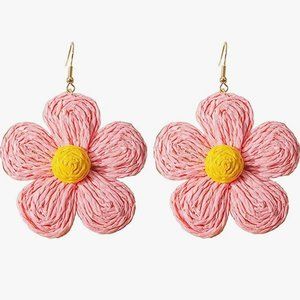 3" Pink & Yellow Raffia Flowers Oversized Statement Earrings Wicker Flower New